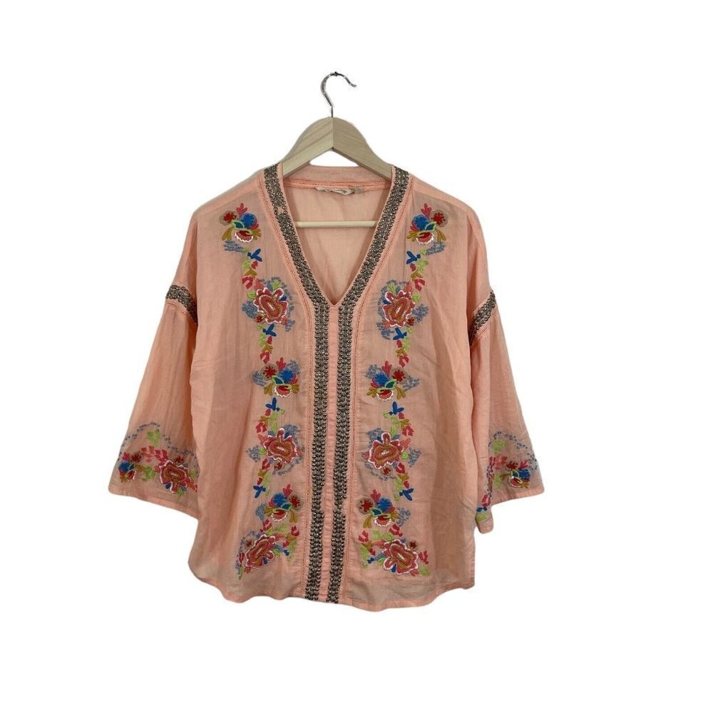 Soft Surroundings Medium Top Embroidered Beaded Boho Peach Cotton